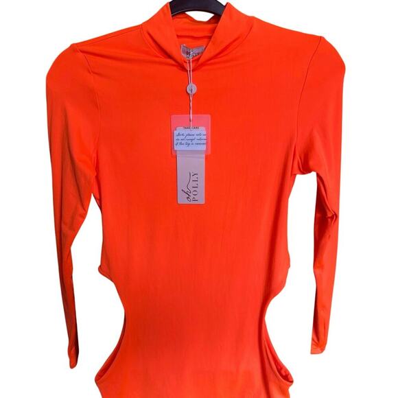Oh Polly NWT Outsider Bodycon Mini Dress Long Sleeve Cut Out Neon Orange Size 6 - Picture 4 of 14